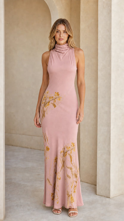Front view of Dusty Pink floral print maxi dress