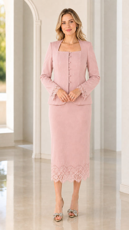 Front view of women's dusty pink formal two-piece lace trim skirt suit