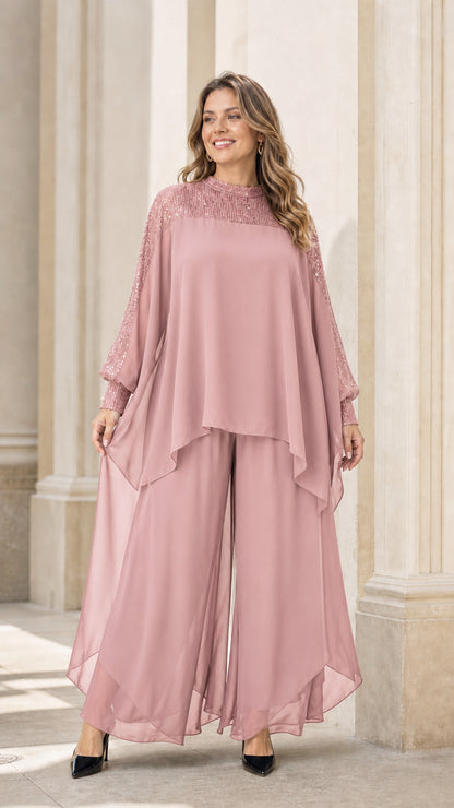 Model wearing dusty pink two-piece chiffon set