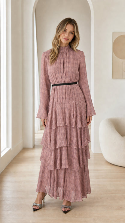 Dusty Pink mock neck tiered ruffle long evening maxi dress on model