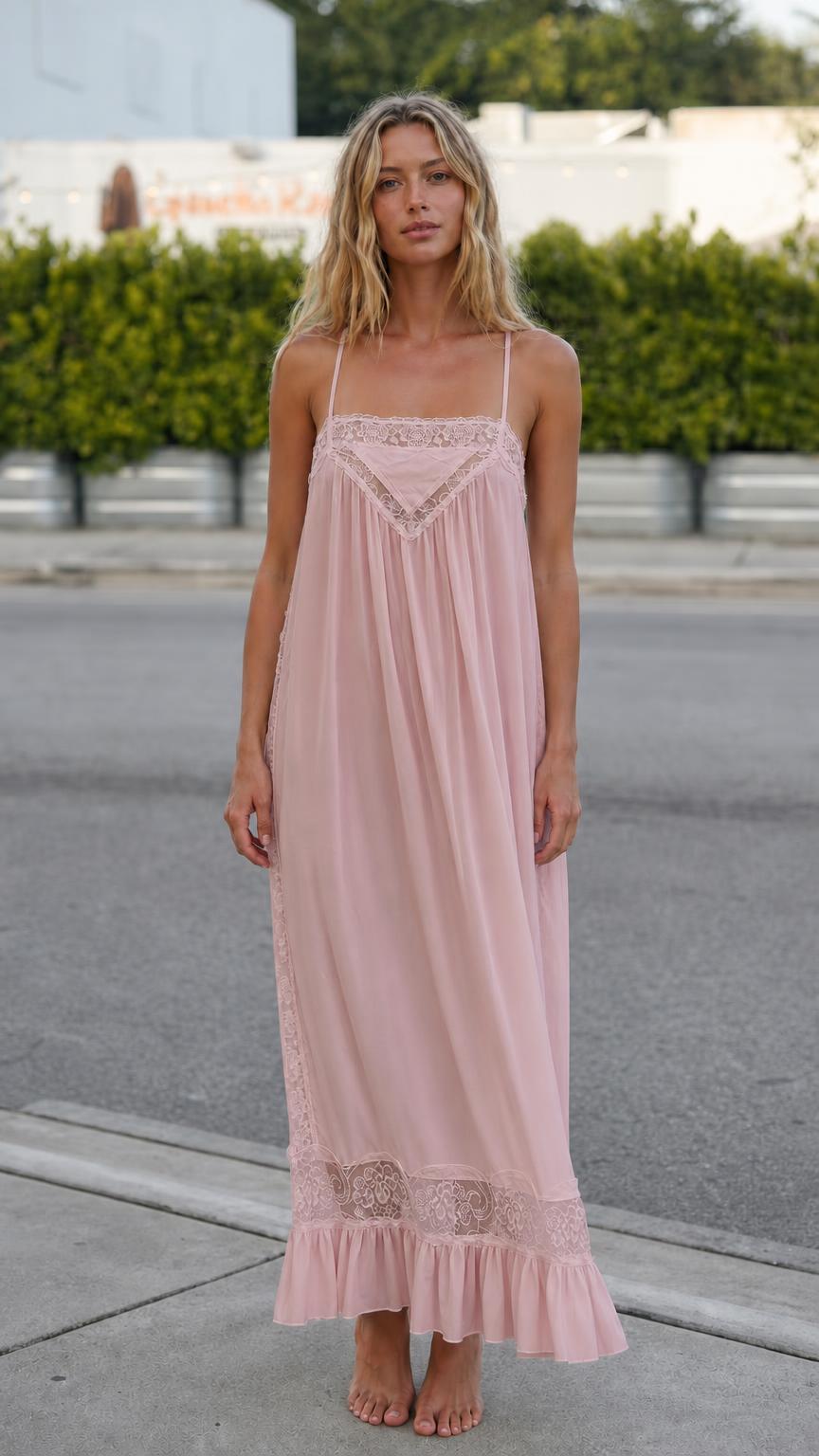 Front view of model wearing pink bohemian maxi slip dress