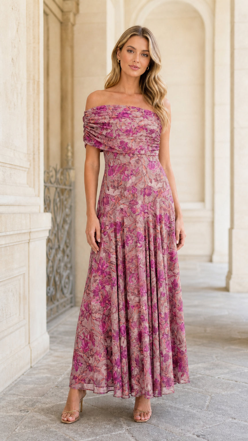 Model wearing mauve floral variant of the maxi dress
