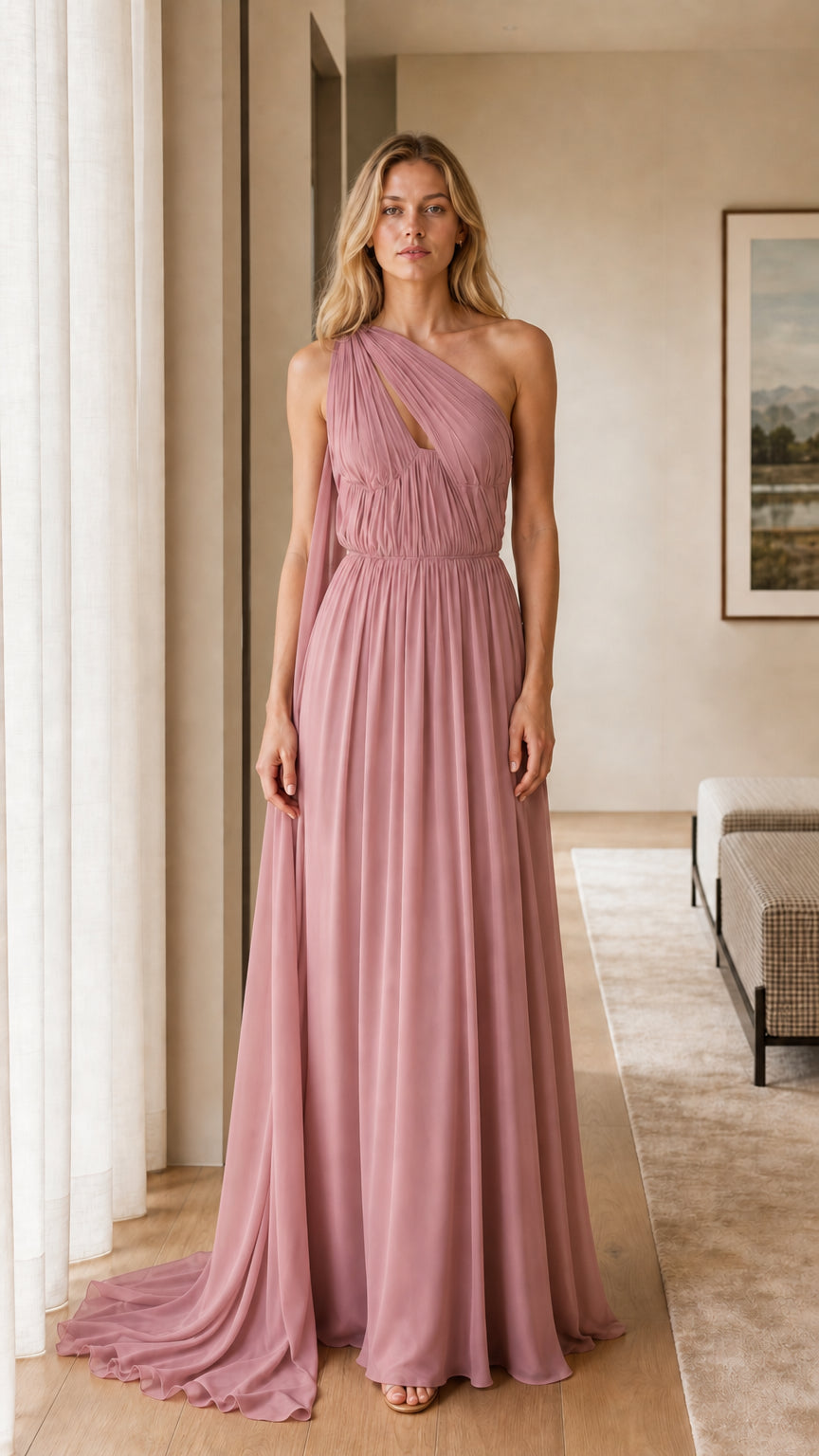 Dusty rose one-shoulder pleated maxi evening dress