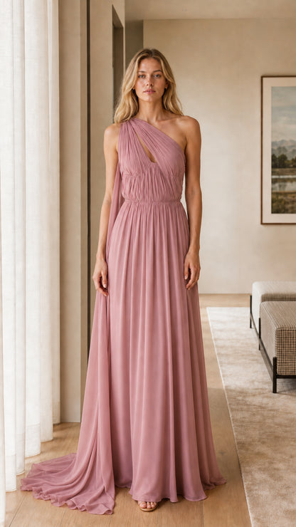Dusty rose one-shoulder pleated maxi evening dress
