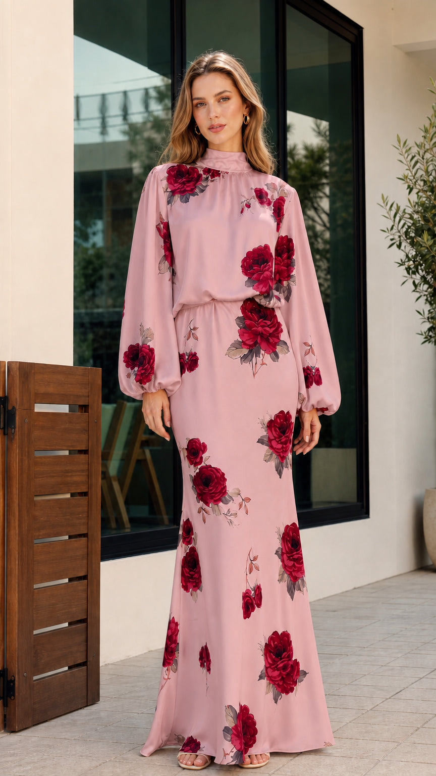 Full-length front view of woman wearing dusty pink floral print high-neck long sleeve maxi dress