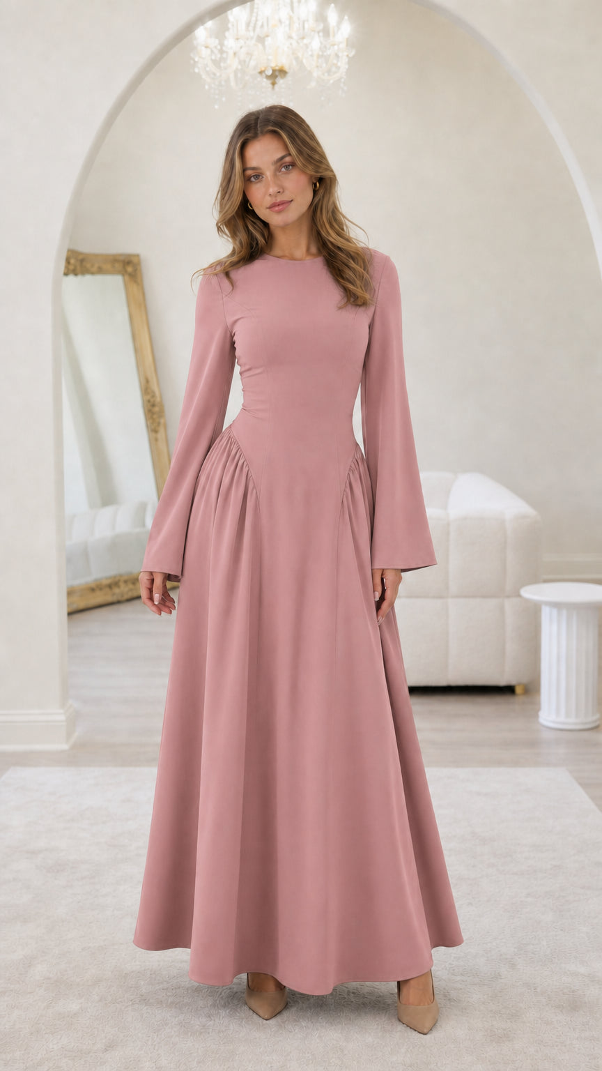 Front view of model wearing pink long-sleeve maxi dress