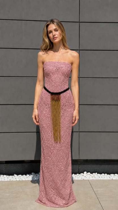 Front view of pink sequin strapless maxi dress