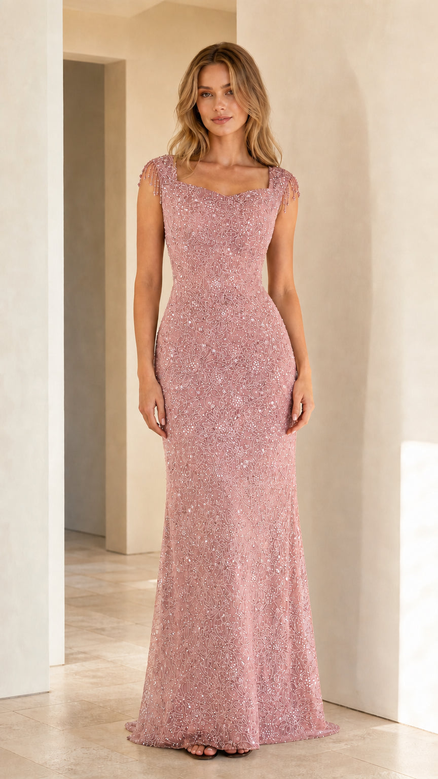 Full-length dusty rose sequined and beaded formal gown with cap sleeves