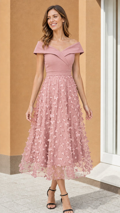 Model wearing Pink off-shoulder floral midi dress