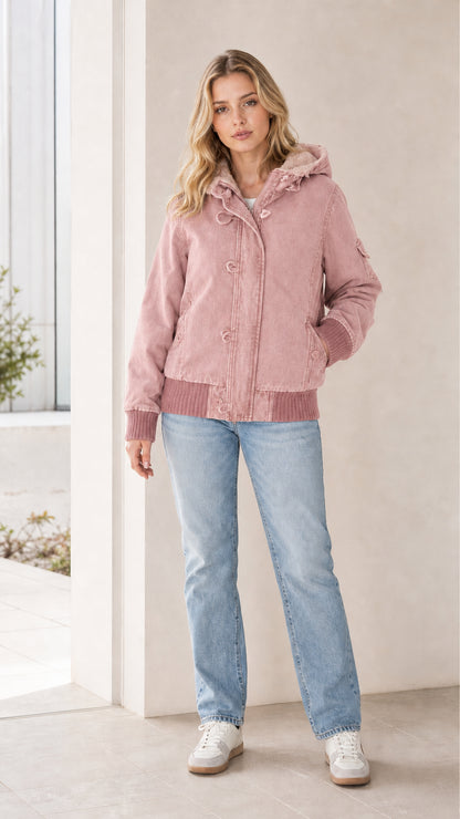 Front full view of the jacket in pink color