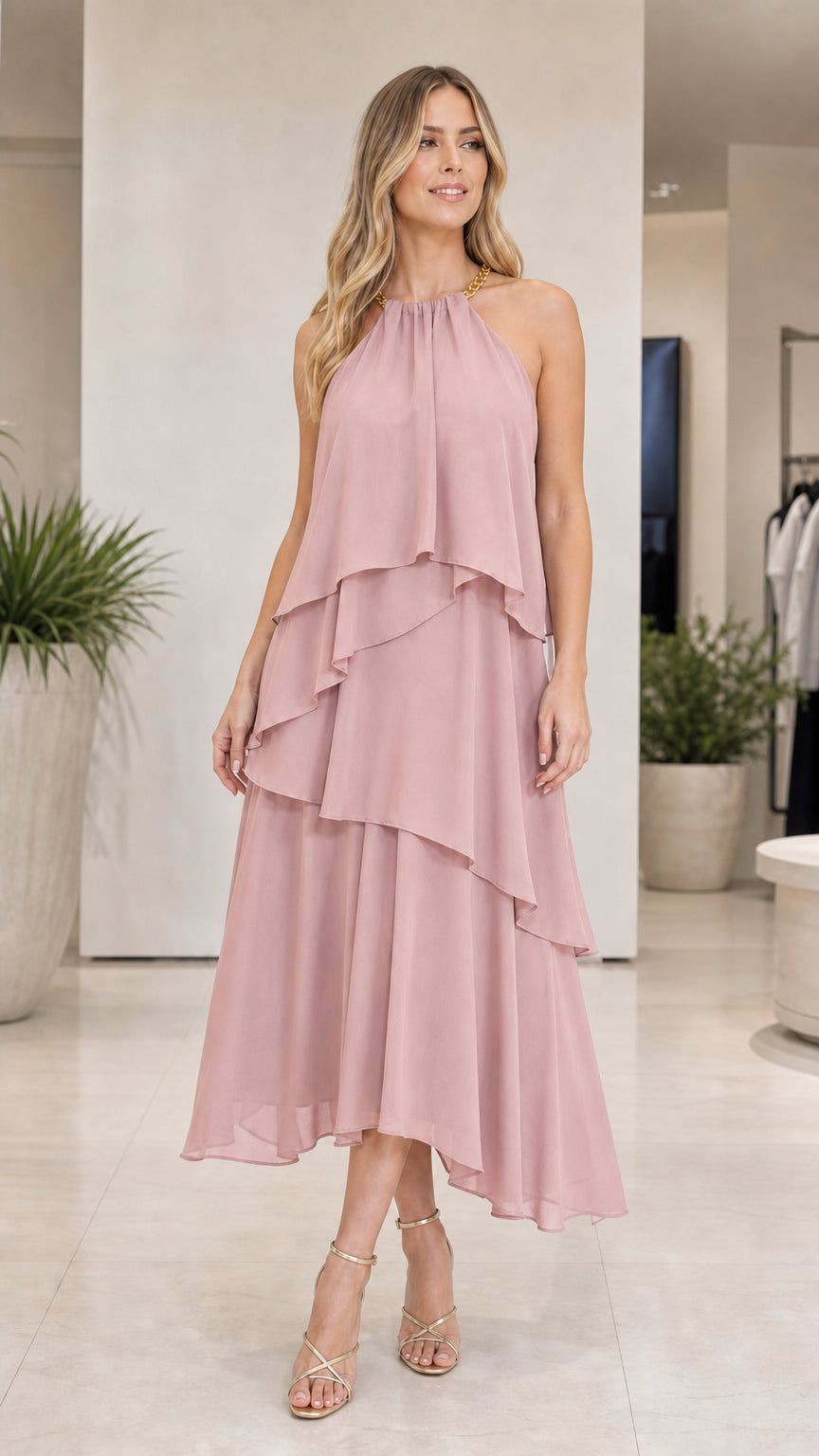 Pink tiered halter midi dress shown from the front