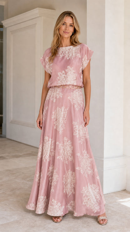 Model wearing Pink floral embroidered maxi dress
