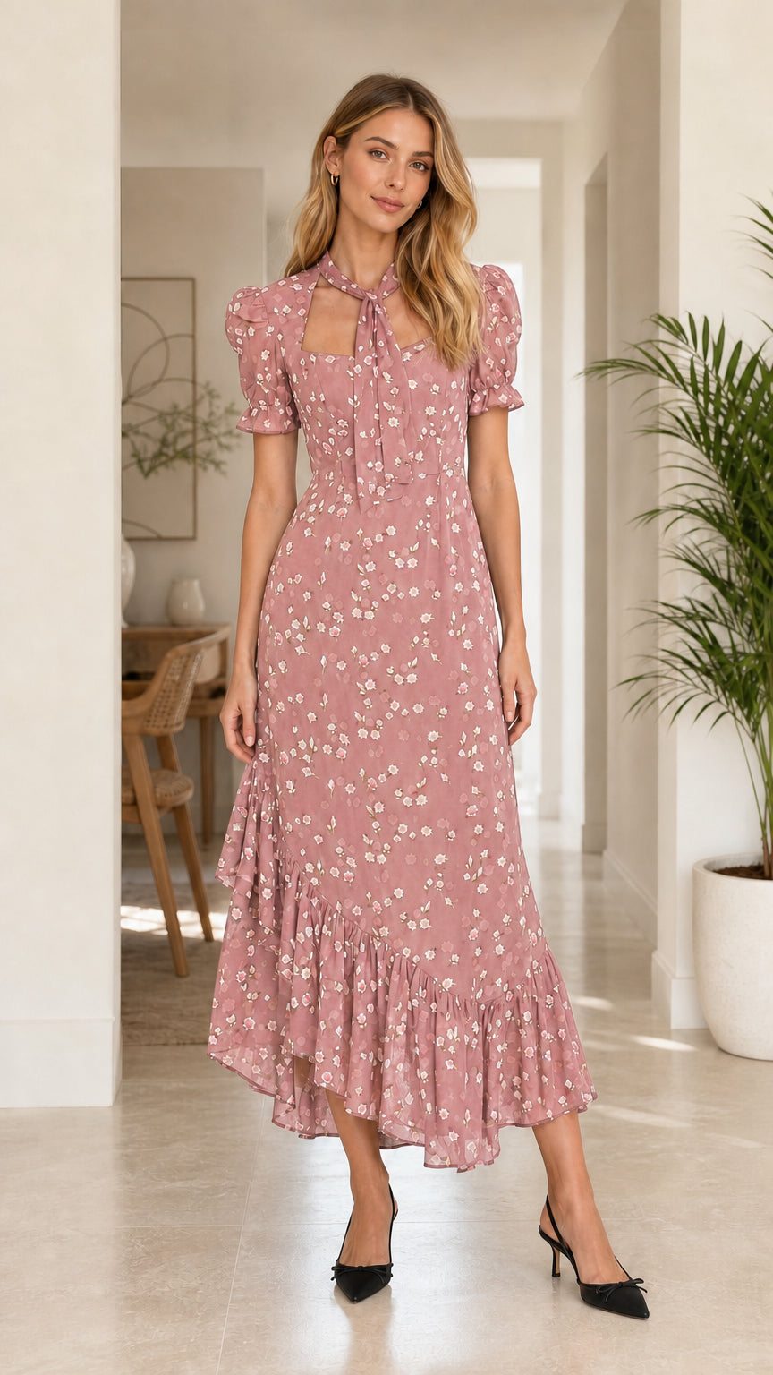 Woman wearing dusty rose pink floral tie-neck puff sleeve ruffle midi dress