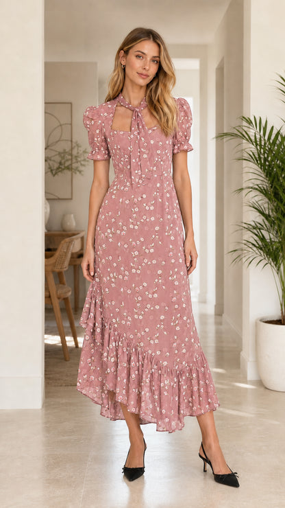 Woman wearing dusty rose pink floral tie-neck puff sleeve ruffle midi dress