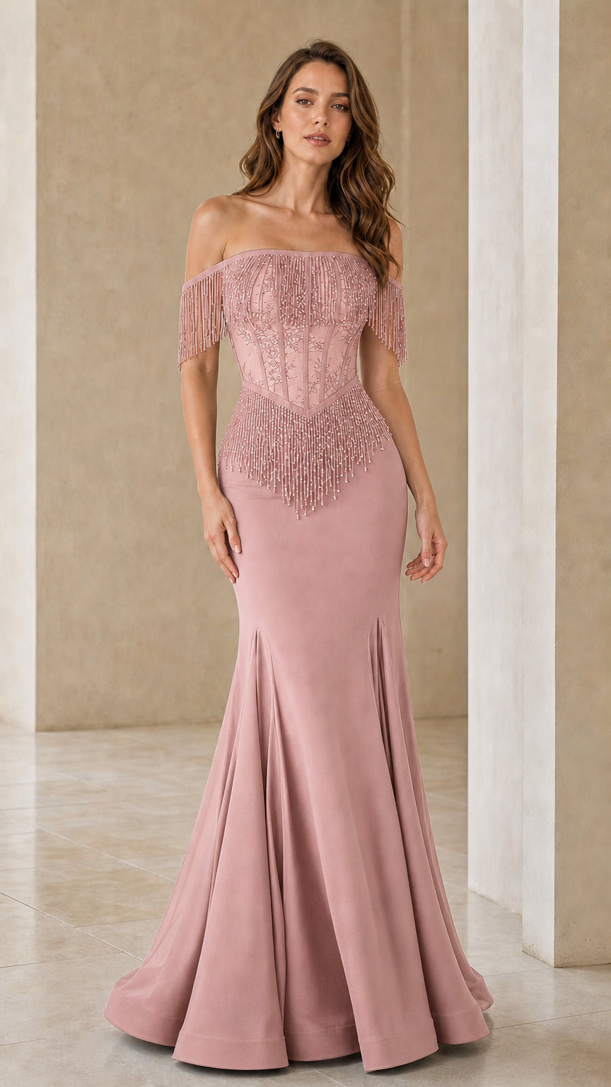 Dusty rose off-shoulder beaded evening dress