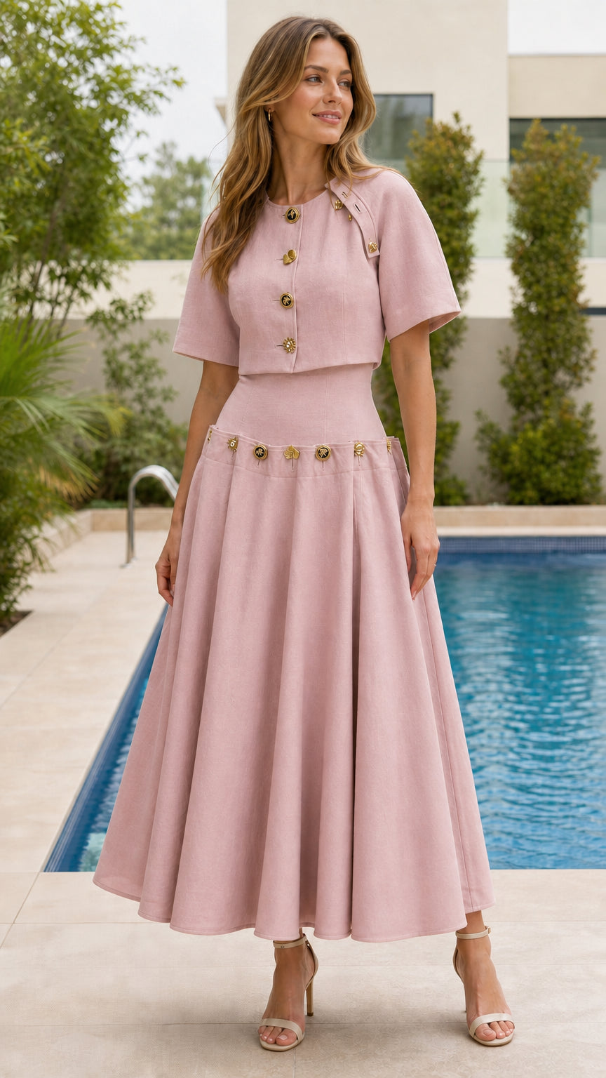 Woman wearing pink button-detailed crop top and midi skirt set
