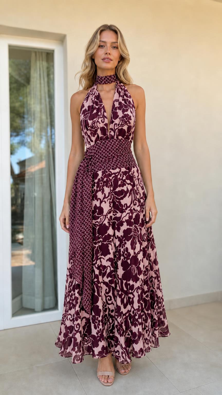 Model wearing rose color variant of halter maxi dress