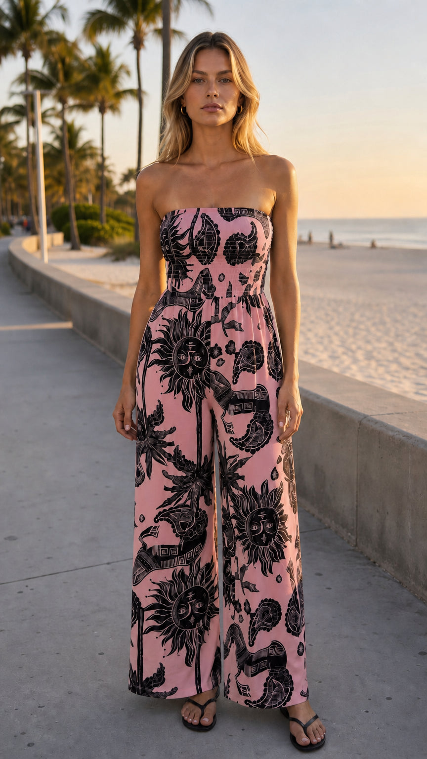 Front view of woman wearing pink sun print strapless wide leg jumpsuit
