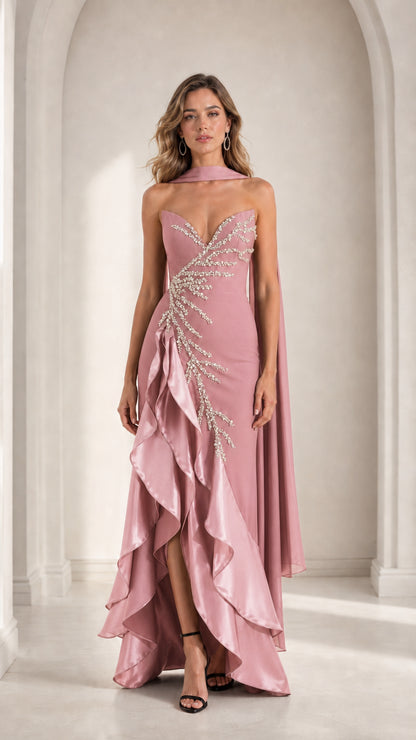 Dusty rose strapless formal gown with beaded bodice and ruffled hem front view