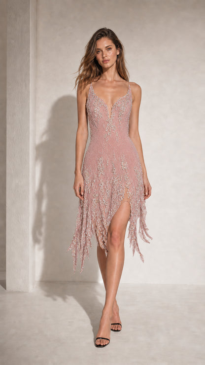Front view of woman wearing Pink beaded fringed midi dress