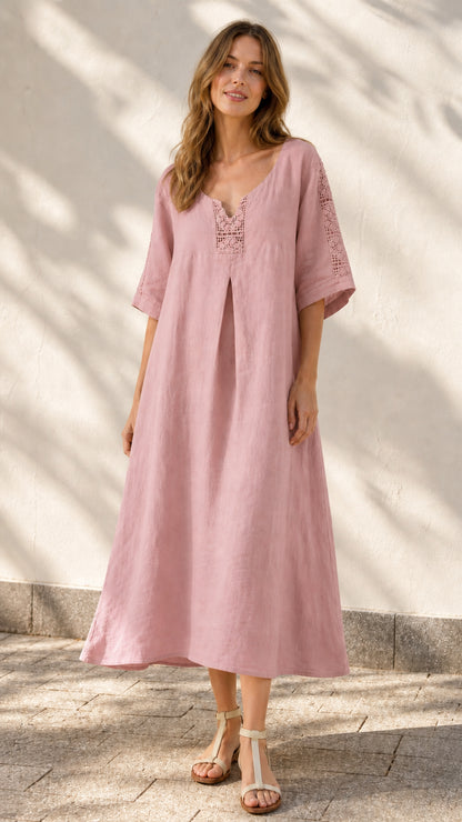 Front view of model wearing pink midi dress