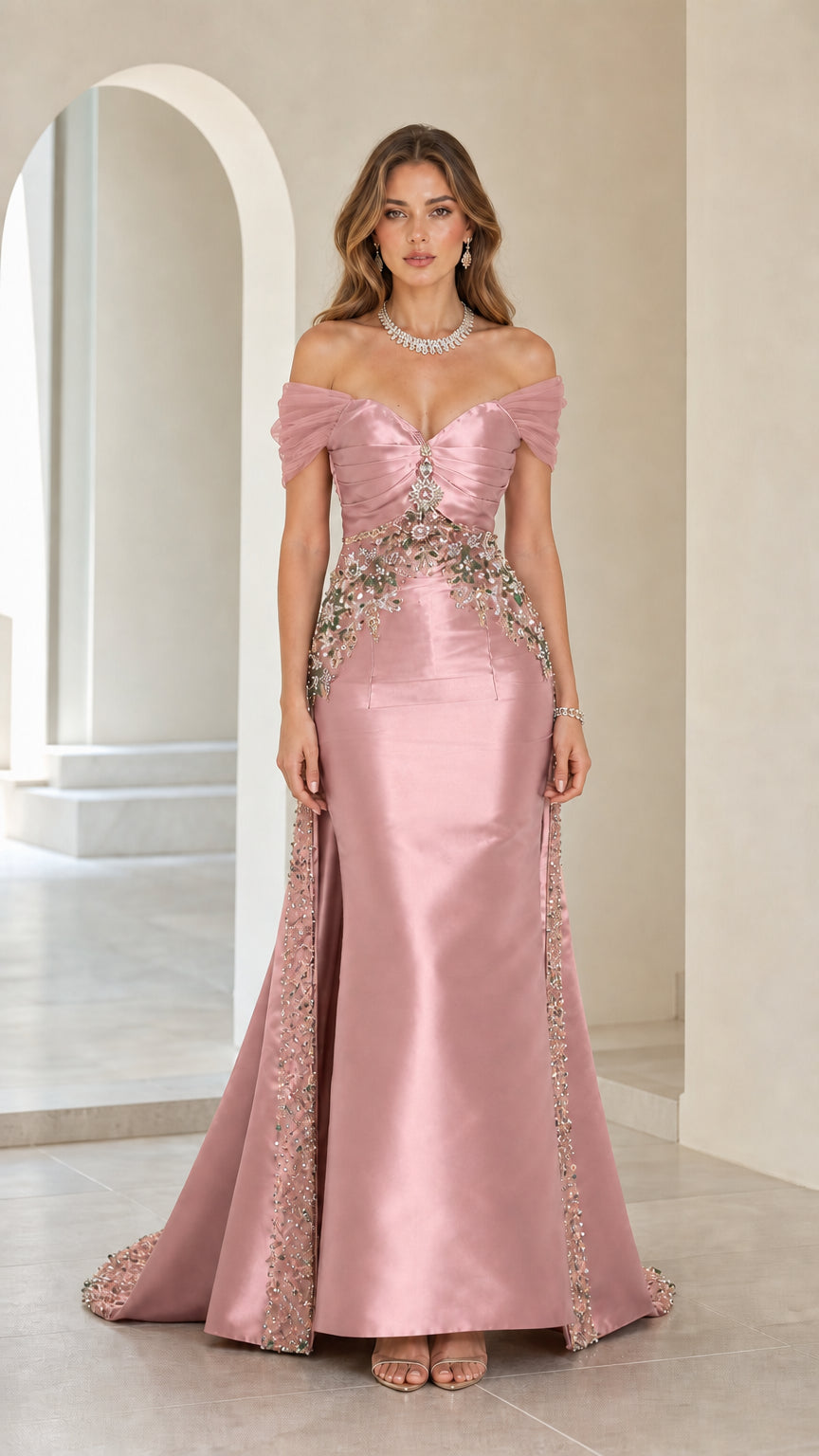 Front view of pink off-shoulder beaded satin evening gown