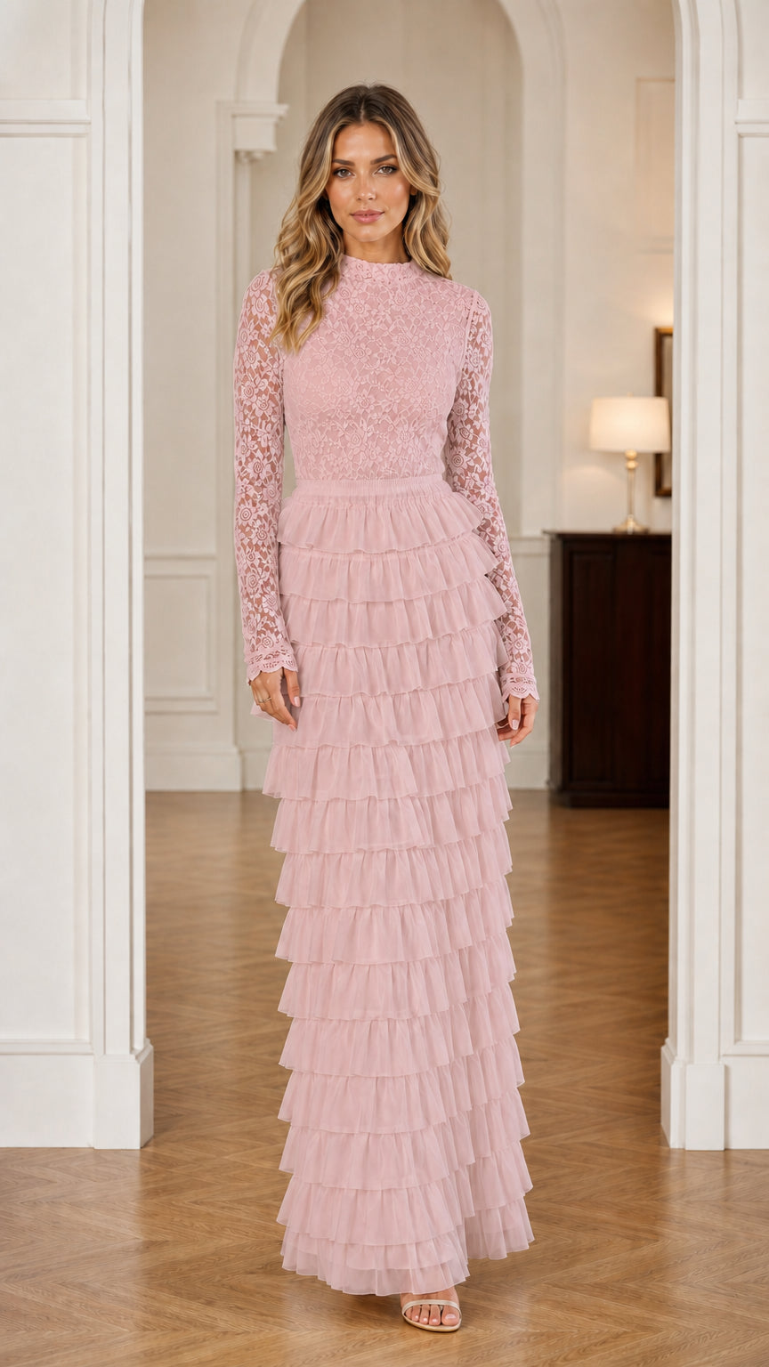 Dusty Pink lace long sleeve tiered ruffle formal maxi dress
