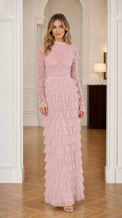 Dusty Pink lace long sleeve tiered ruffle formal maxi dress