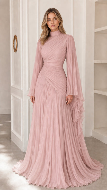 Model wearing blush pink pleated high neck formal maxi dress