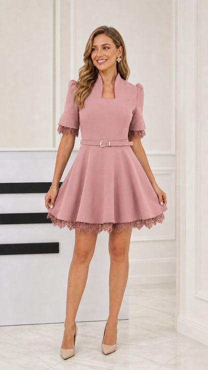 Dusty Pink notch neckline belted A-line dress with lace hem