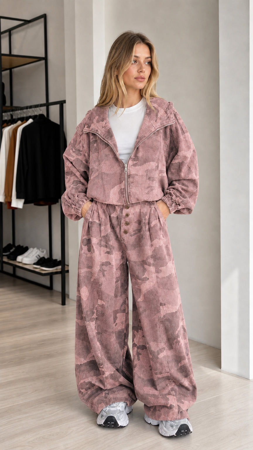 Front view of the dusty rose camouflage cropped jacket and wide-leg pants set
