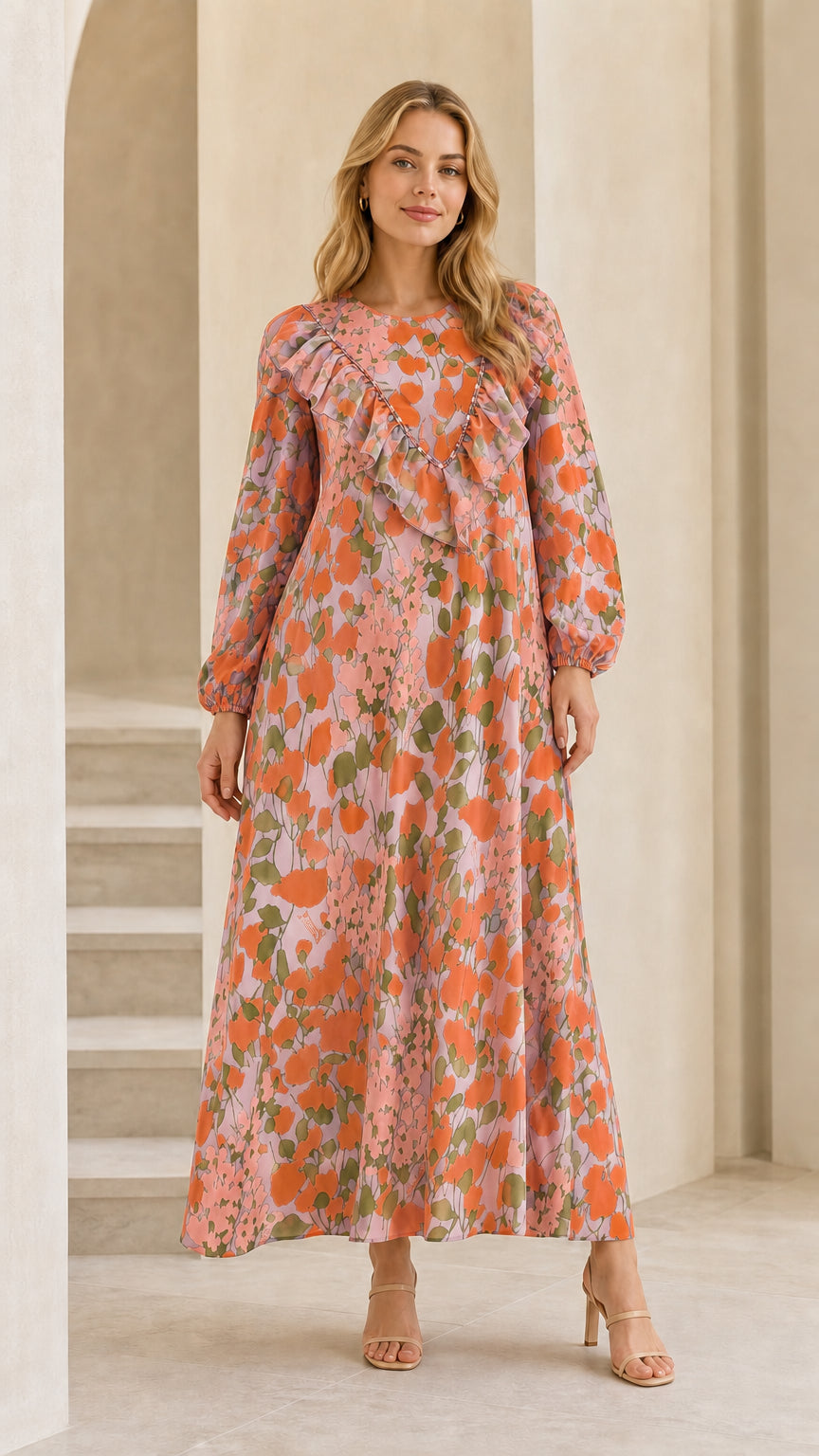 Full front view of model wearing blush pink floral long sleeve maxi dress