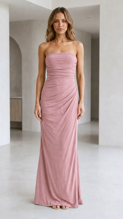 Front view of woman wearing strapless ruched maxi dress in dusty pink