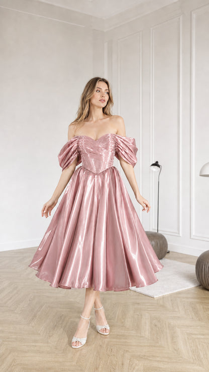 Front full view of pink metallic off-shoulder cocktail dress