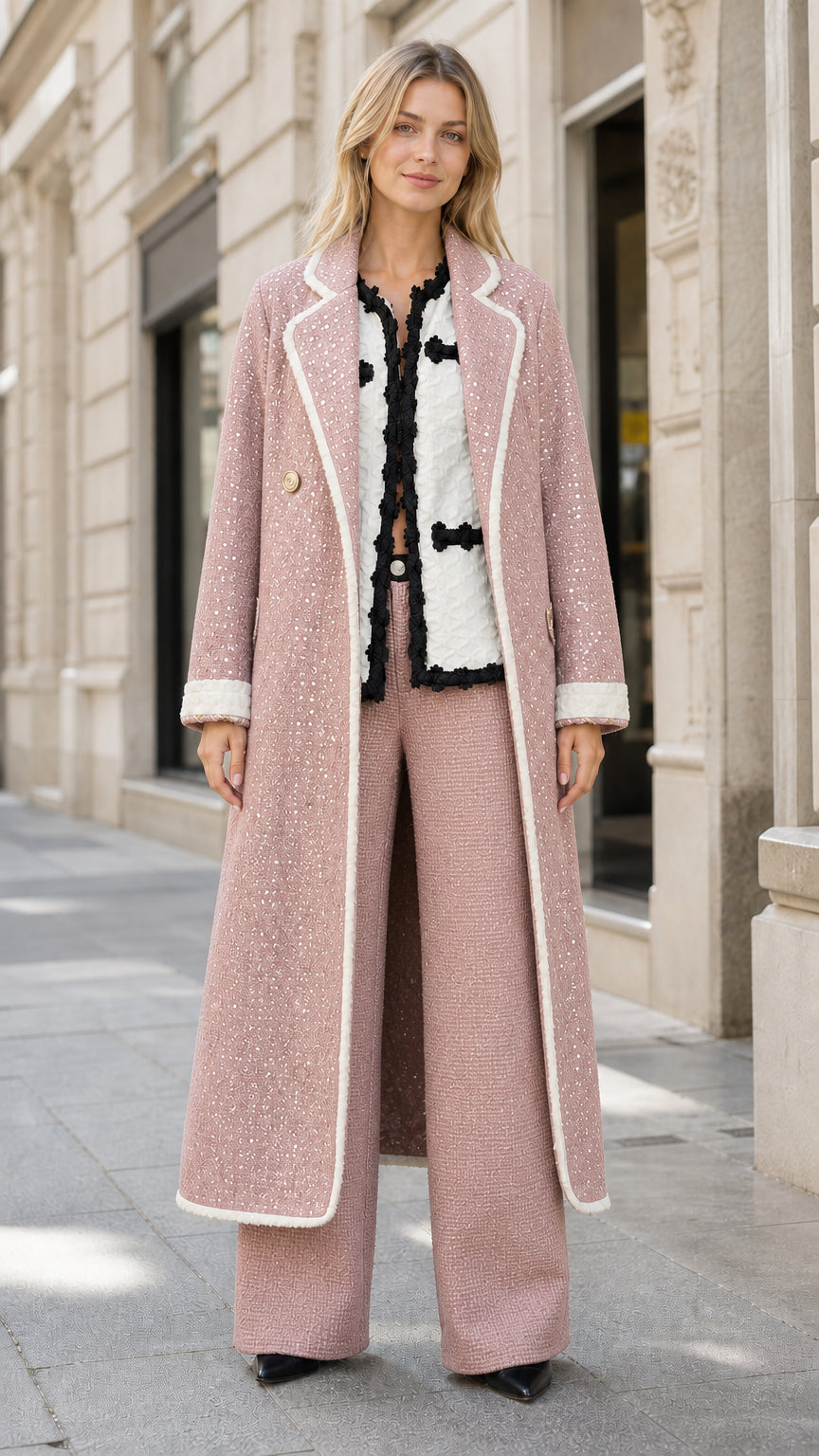 Model wearing dusty pink sequin tweed longline overcoat with white trim