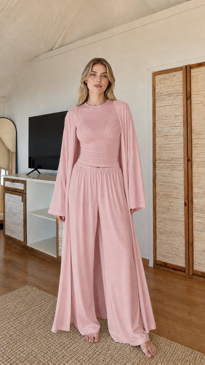 Front view of model wearing Dusty Pink 3-piece draped lounge set