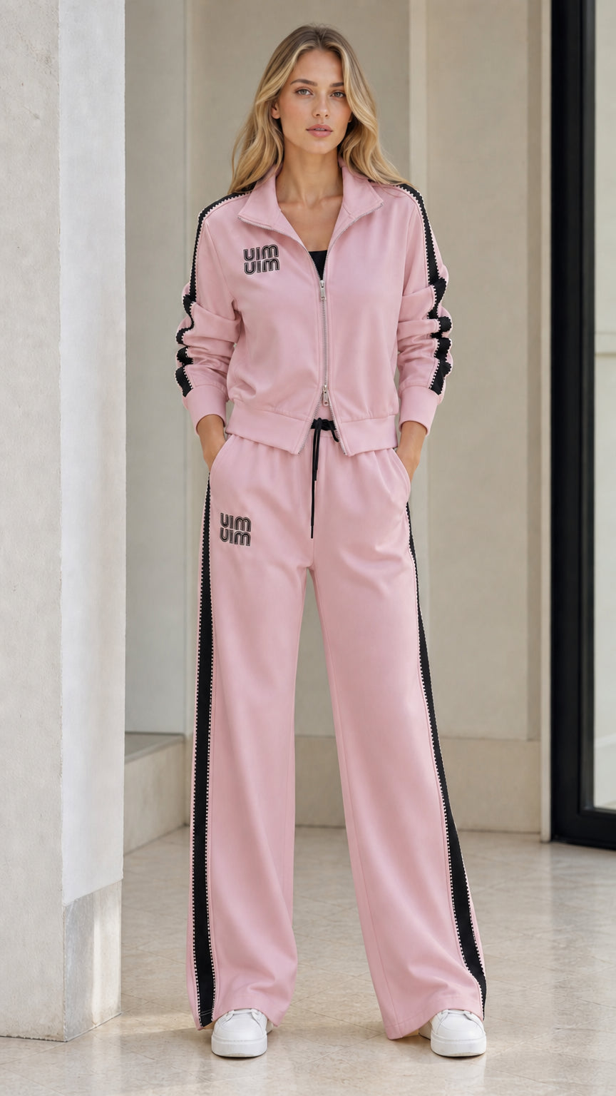 Model wearing Pink contrast-stripe track jacket and wide-leg sweatpants set