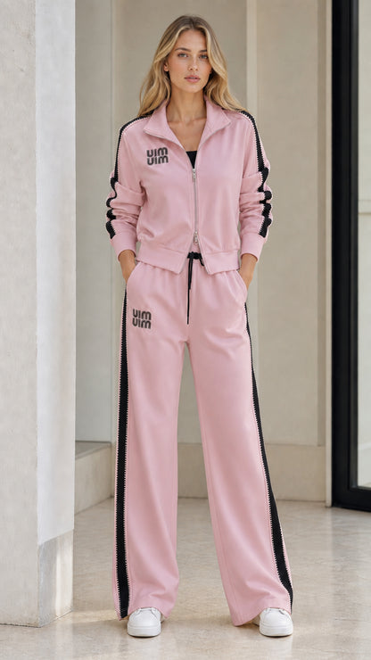 Model wearing Pink contrast-stripe track jacket and wide-leg sweatpants set