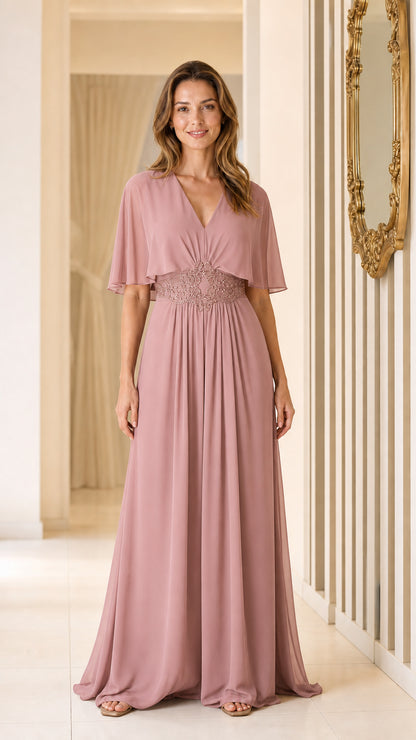 Full view of dusty rose V-neck chiffon maxi dress