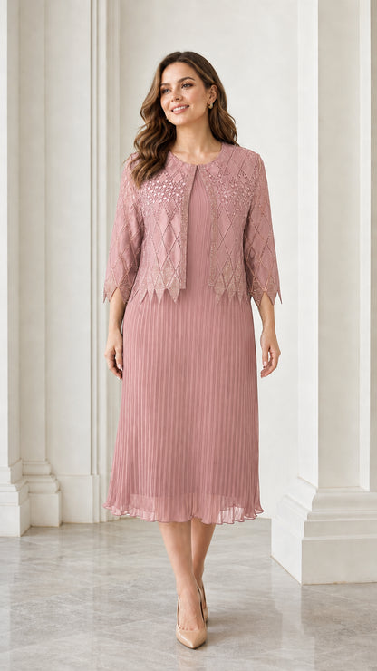 Front full view of dusty pink two-piece dress set