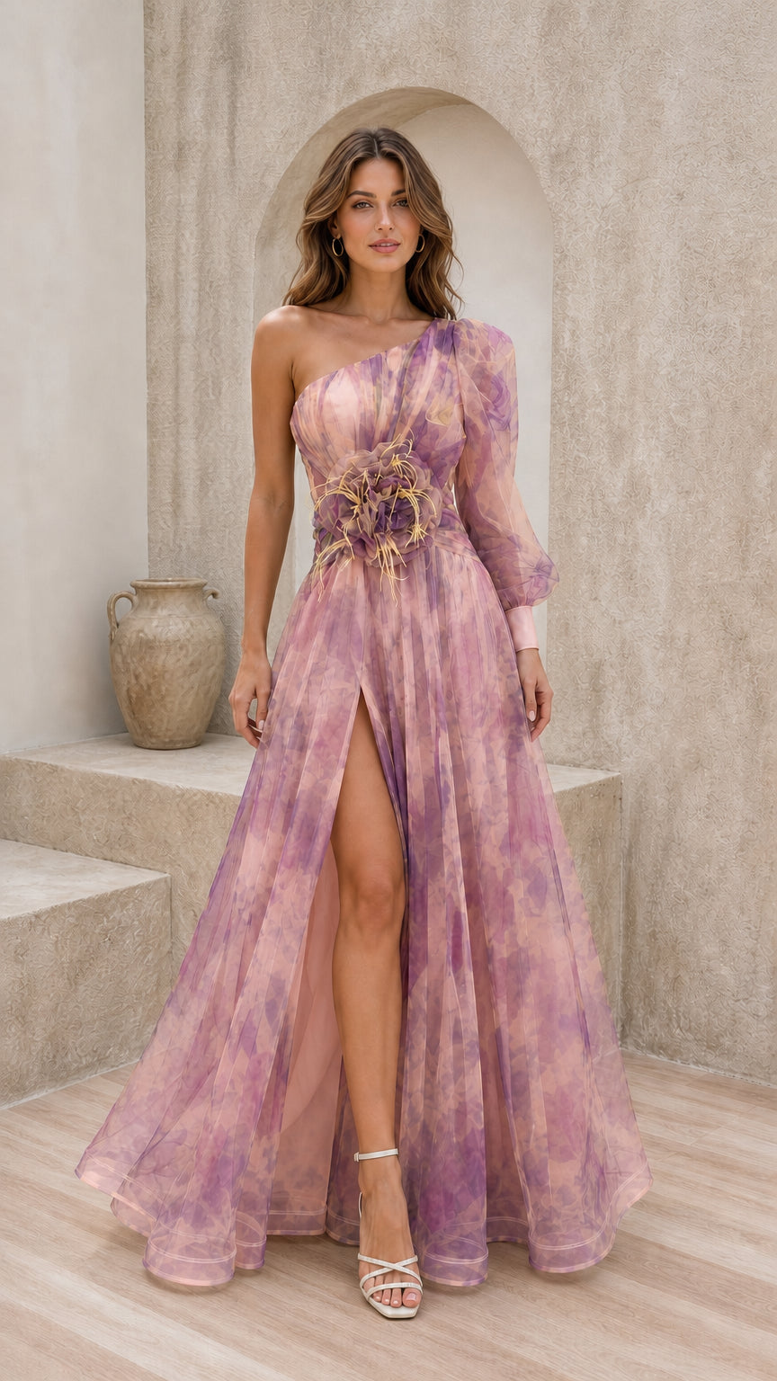 Front view of pink multi evening gown with dramatic leg slit
