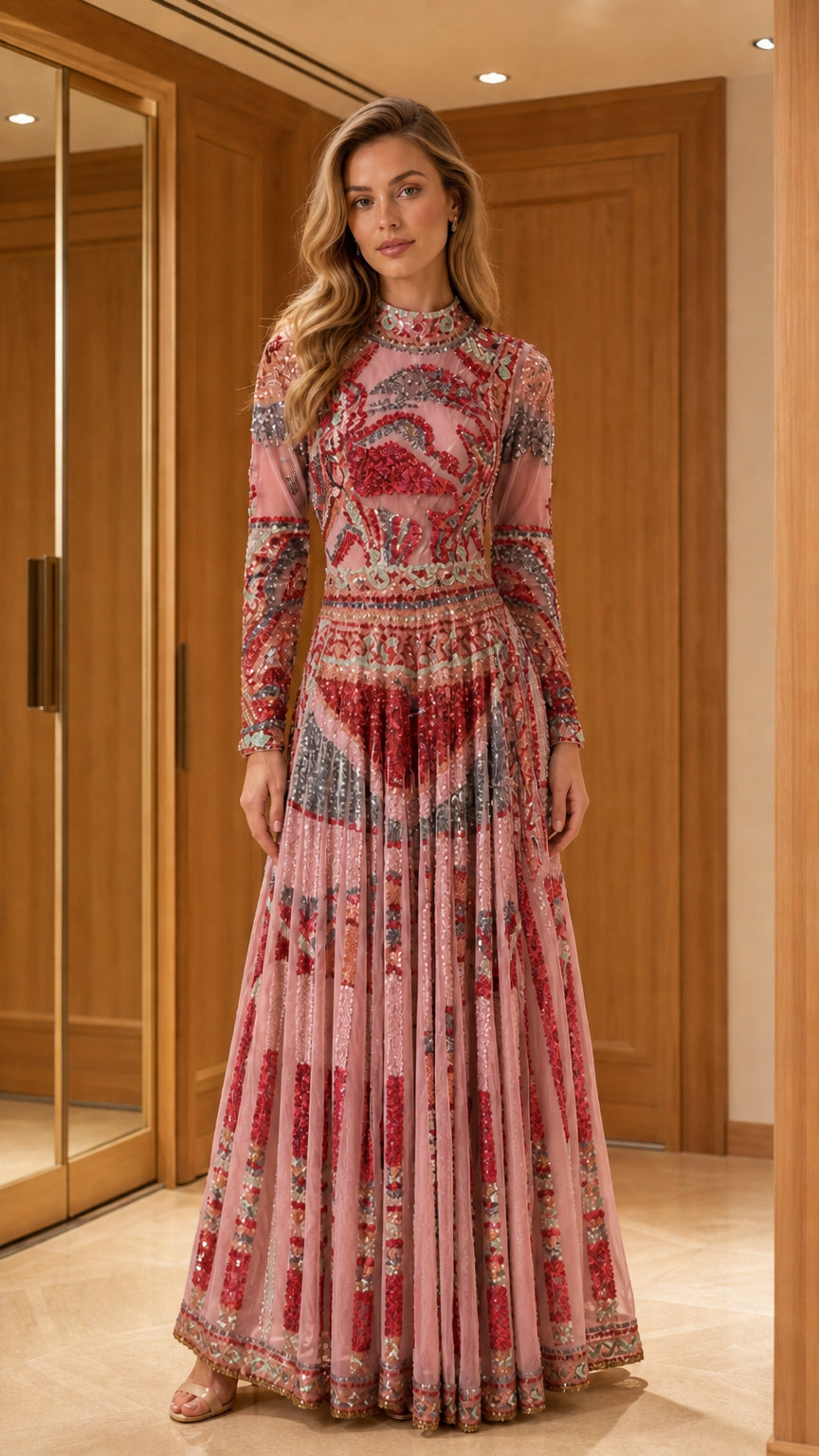 Pink embellished long sleeve evening gown