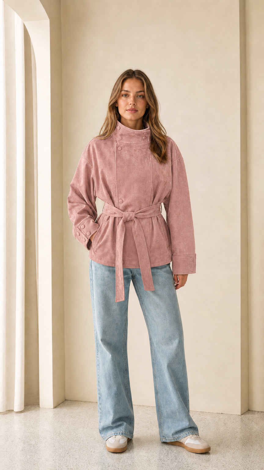 Woman wearing pink faux suede belted jacket