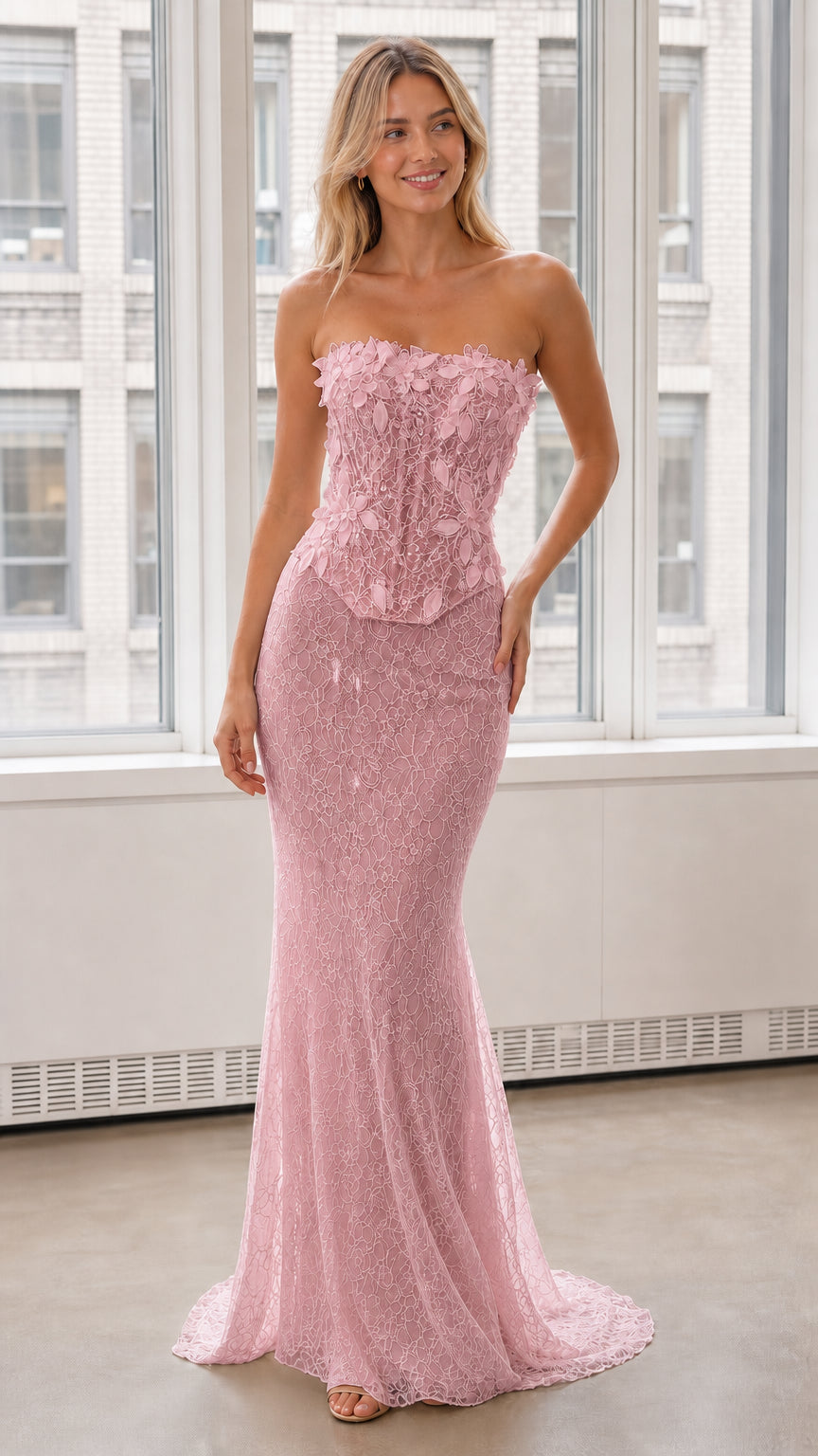 Front view of pink strapless 3D floral lace mermaid evening dress