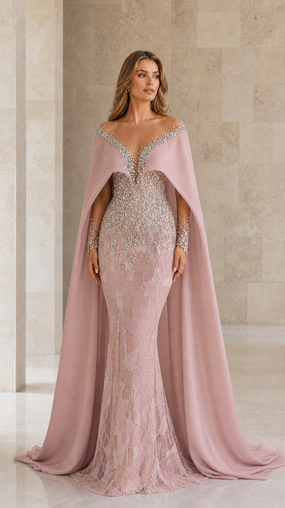 Front view of dusty pink beaded illusion cape gown