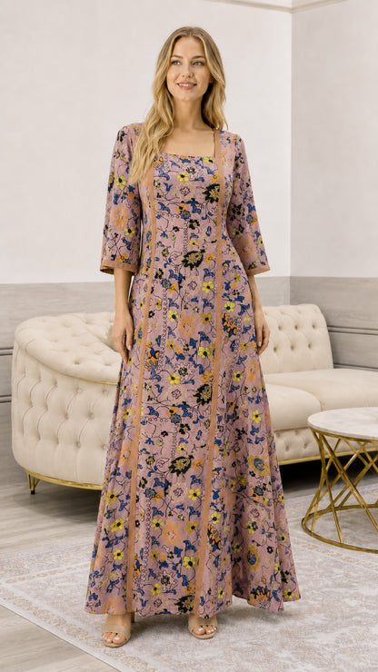 Full front view of dusty pink floral square neck maxi dress