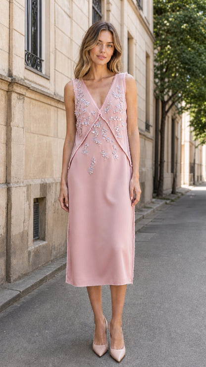 Front view of Pink embroidered midi dress