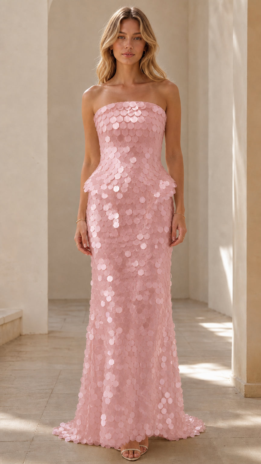 Front view of Pink strapless sequin peplum maxi dress