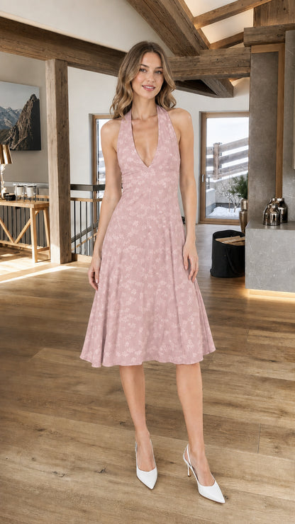 Front view of Dusty Pink floral halter neck midi dress