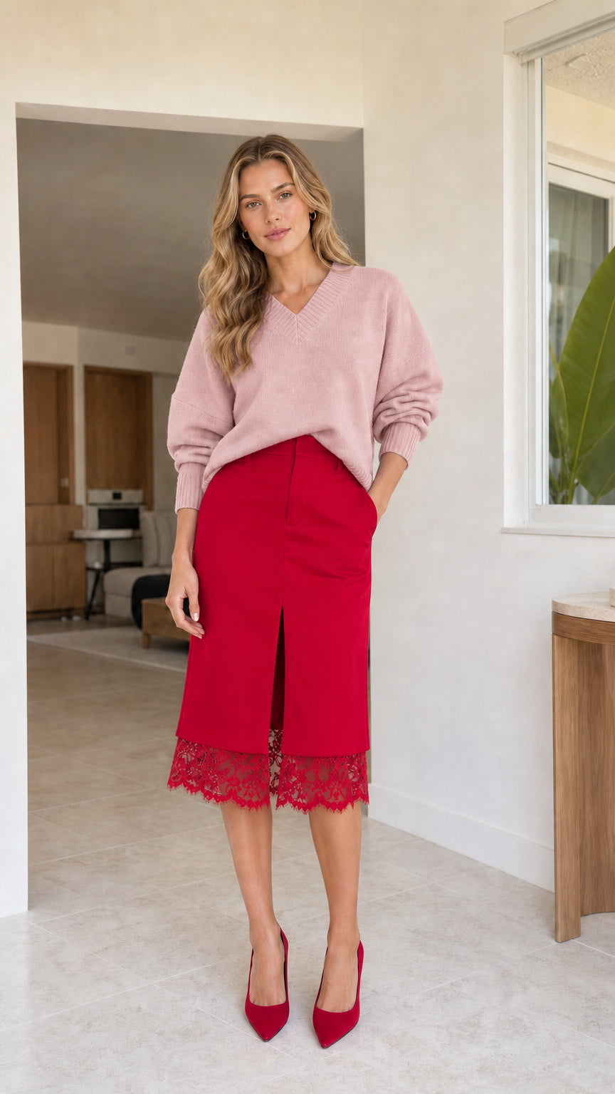 Red lace trim midi skirt styled with a soft blush pink V-neck knit sweater and red heels